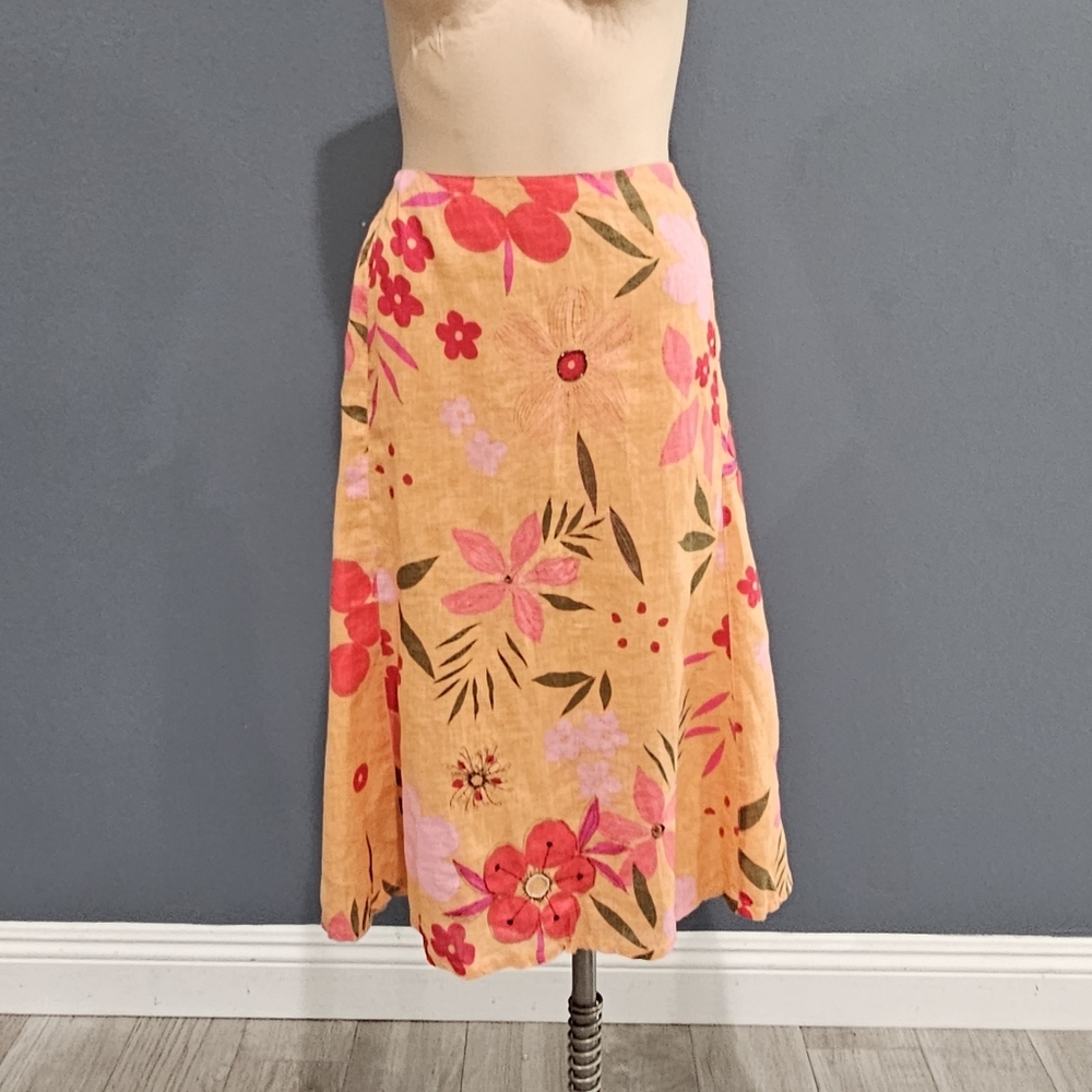 AVENUE Orange Floral Embroidered Beaded Linen A-Line Skirt 24